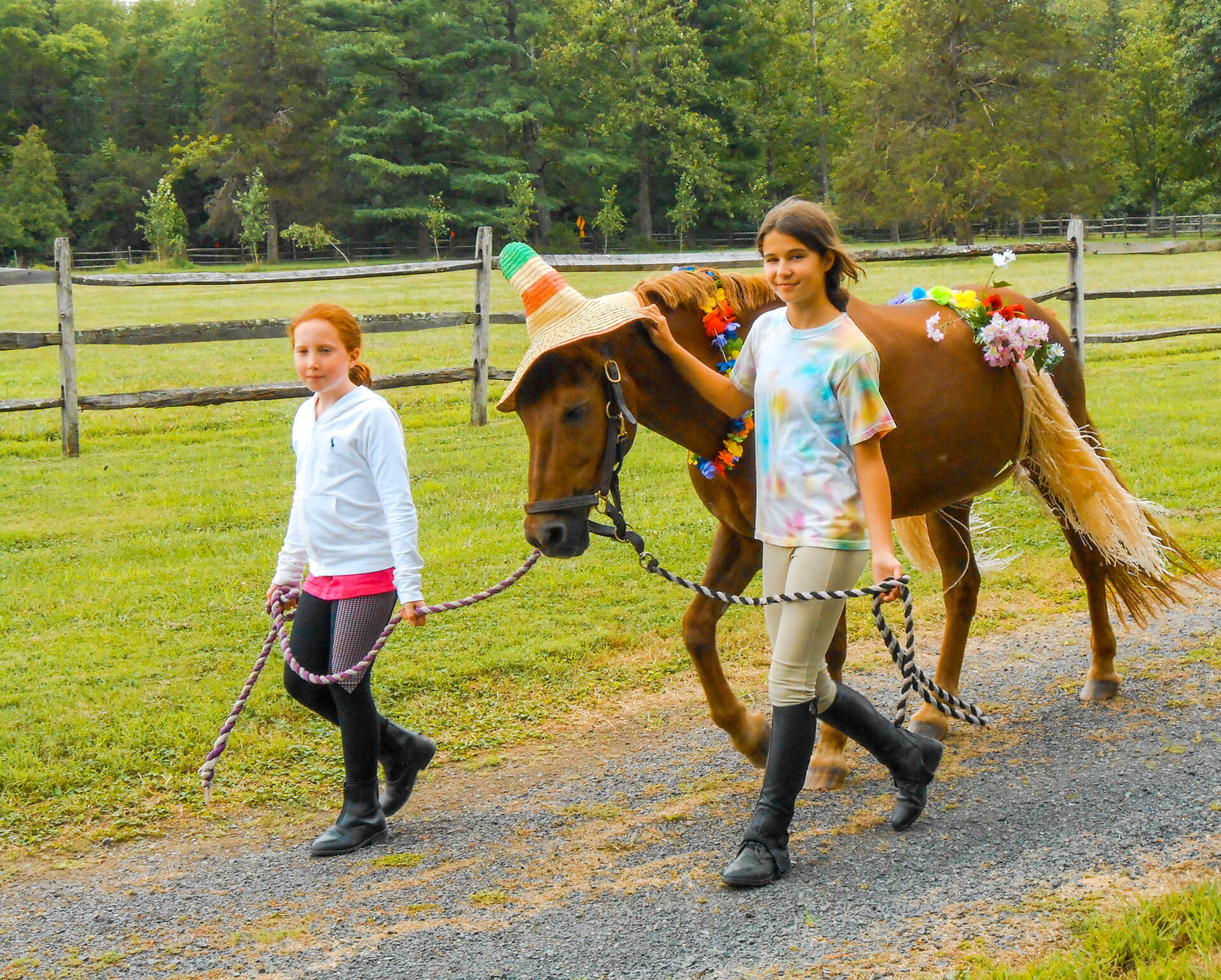 Girls Walking Horse